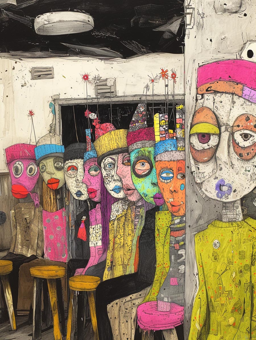 Skurrile Figuren mit bunten Hüten und übertriebenen Gesichtern in chaotischem Innenraum | Whimsical figures with colorful hats and exaggerated faces in a chaotic interior