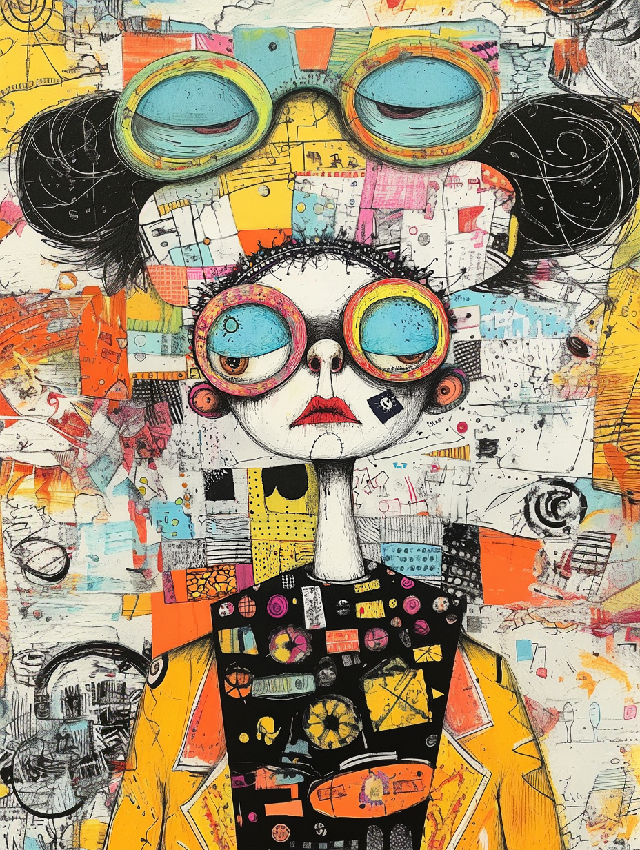 Skurrile Figur mit zwei Brillen, schwarzen Zöpfen, gelbem Jackett, bunter Collage | Whimsical figure with two goggles, black buns, yellow jacket, colorful collage background