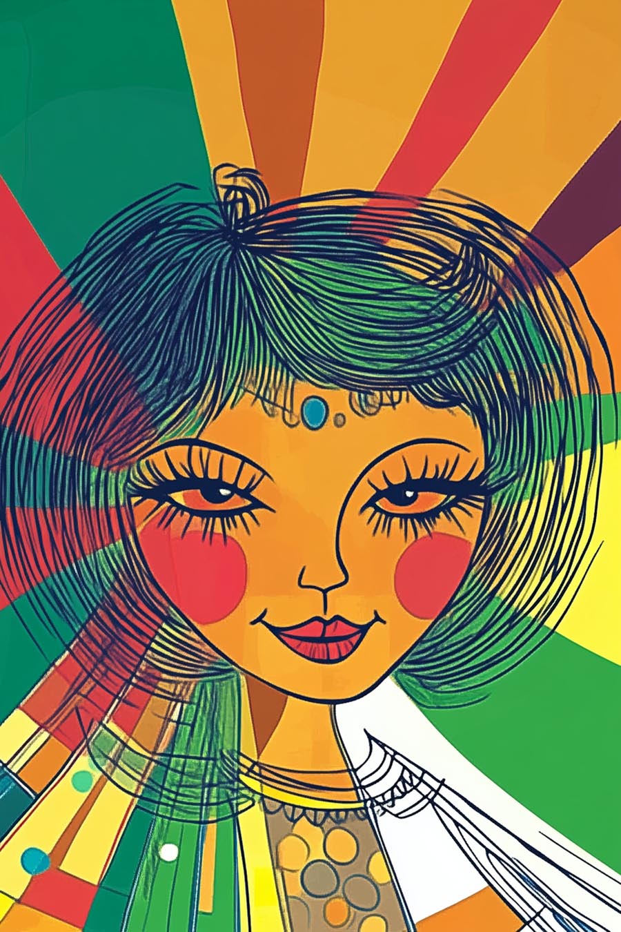 Psychedelisches Porträt eines lächelnden Mädchens mit Bob-Frisur, bunten Sonnenstrahlen | Psychedelic portrait of smiling girl with bob haircut, colorful sunrays, third eye gem