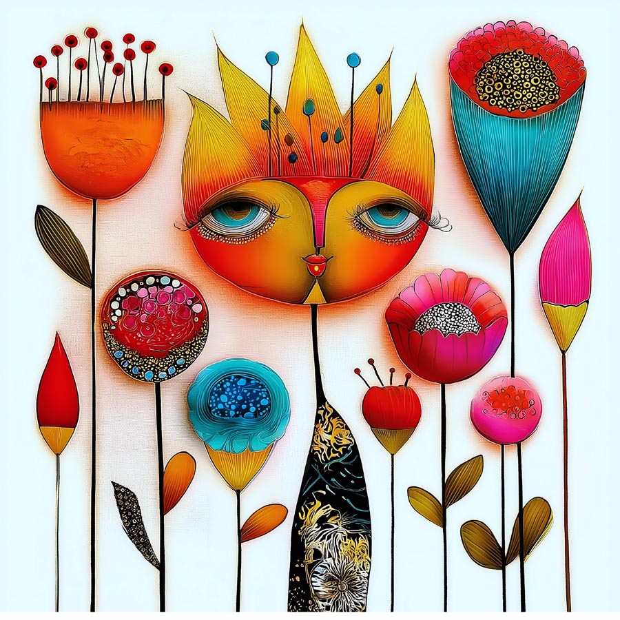 Surreale Illustration einer sonnenähnlichen Figur mit Krone inmitten von bunten, stilisierten Blumen auf weißem Hintergrund.
