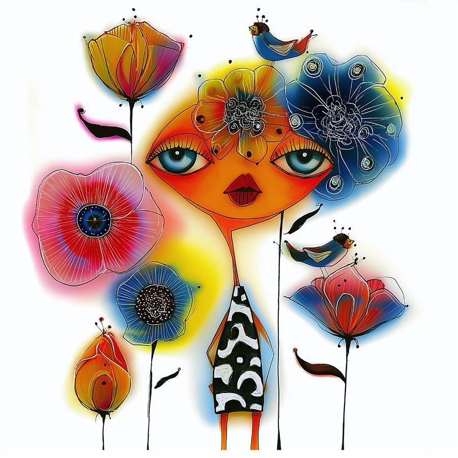 Fantasievolle Illustration eines orangefarbenen Wesens mit großen blauen Augen, umgeben von Vögeln und weichgezeichneten bunten Blumen.