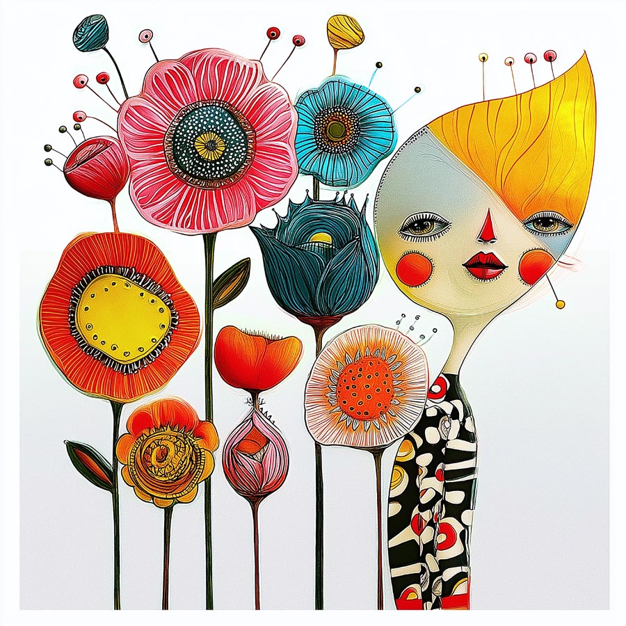 Stilisierte Illustration einer Frau im Profil mit hellem Gesicht, rotem Dreieck als Nase und rotem Mund. Ihr Körper und ihr Haar sind schwarz-weiß mit roten Punkten gemustert. Sie wird von riesigen, detailreichen Blumen umgeben, darunter eine große rote Mohnblume, eine türkise Blume und eine Blume mit einem gelben Zentrum. Die Blütenblätter sind mit feinen Strichen und Mustern versehen.
