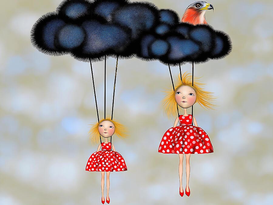 Zwei Mädchen in roten Polka-Dot-Kleidern hängen an Fäden unter einer dunklen, fellartigen Wolke, aus der ein Vogelkopf ragt.