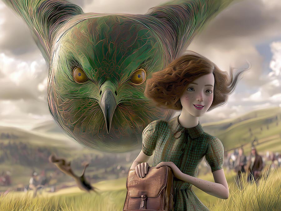 Ein Mädchen in grünem Kleid vor einem riesigen, grünen Vogelkopf in einer weiten, hügeligen Landschaft.