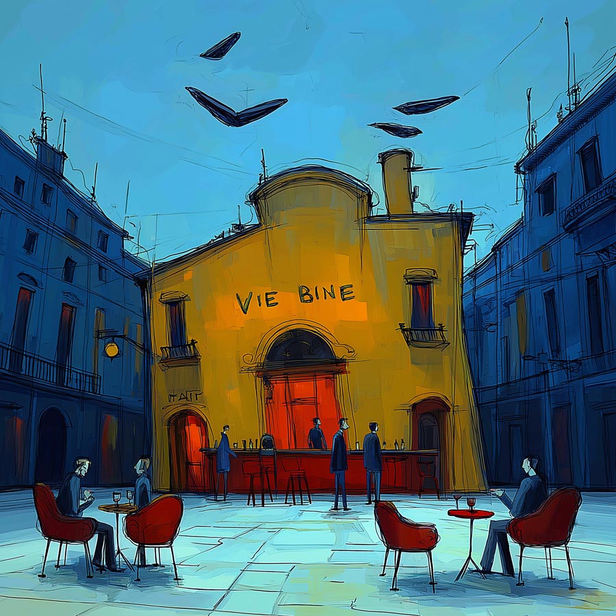 Eine weite Piazza bei Nacht mit einem gelben Bar-Gebäude, roten Stühlen und dunklen Flugobjekten am blauen Himmel.