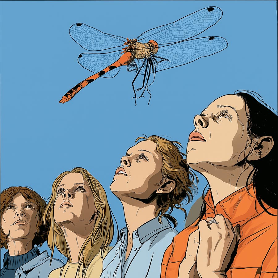 Vier Frauen in einer Reihe blicken vor blauem Himmel zu einer orange-schwarzen Libelle empor; klarer Comic-Stil.