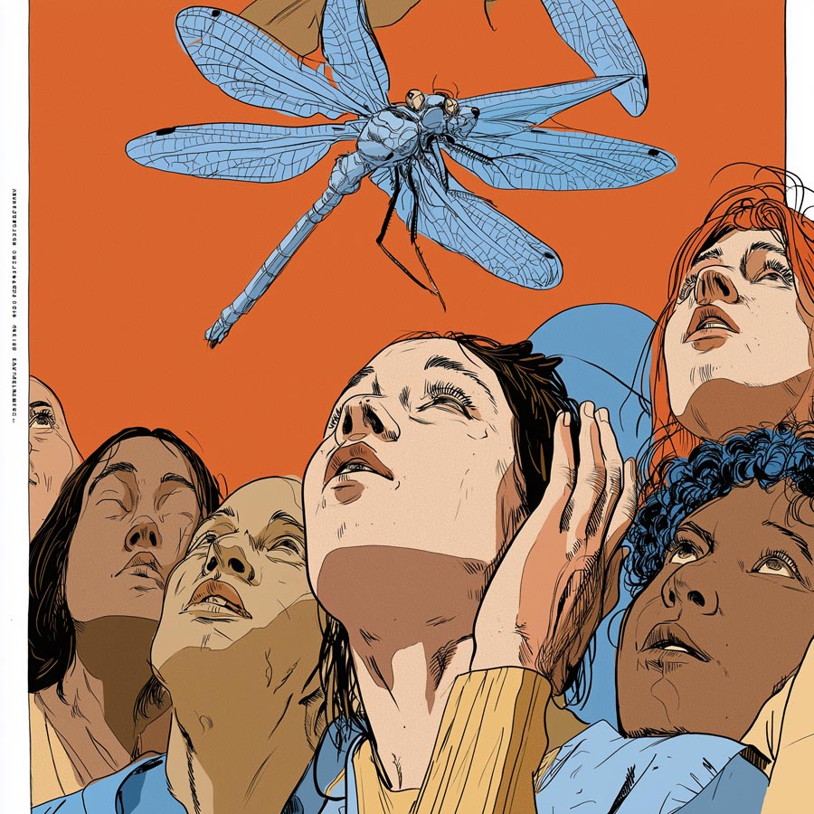 Comic-Illustration einer Gruppe von Menschen, die vor orangefarbenem Hintergrund zu einer großen blauen Libelle aufblicken.