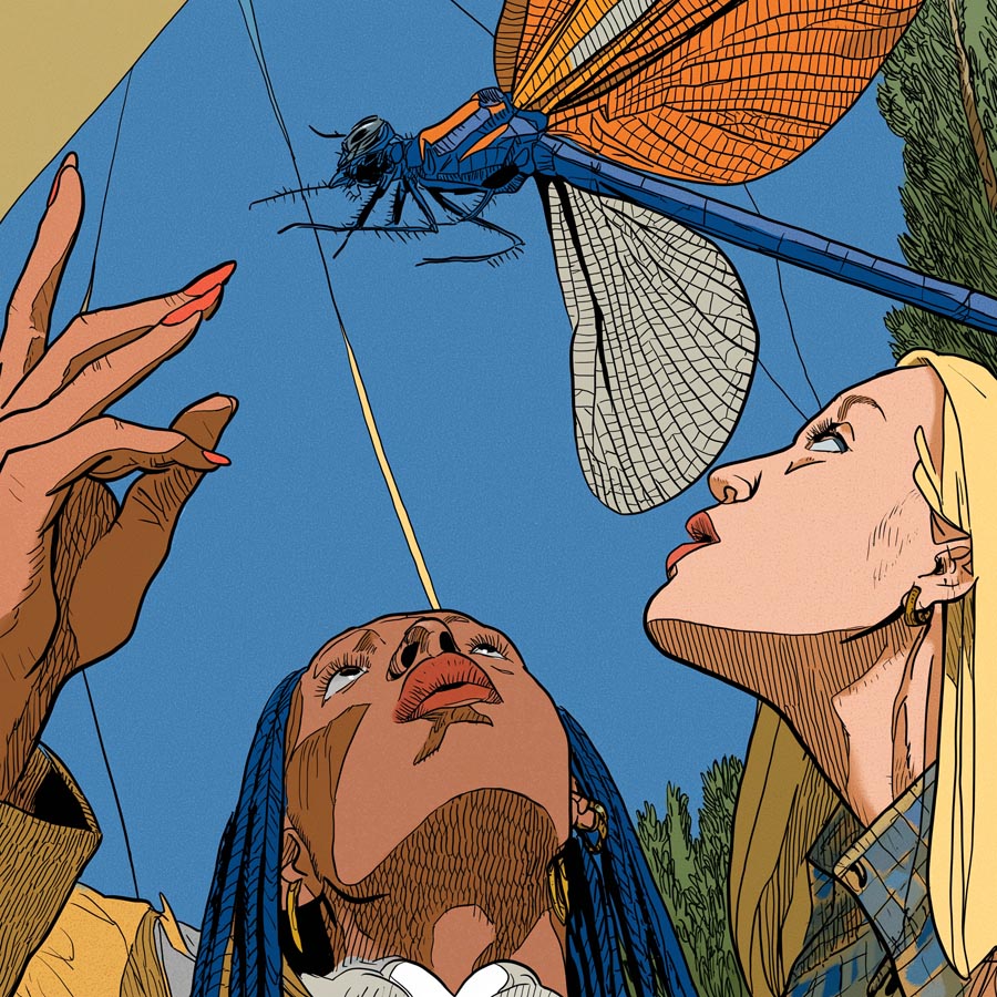 Grafische Zeichnung zweier Frauen vor fliederfarbenem Grund, über denen eine detailliert gezeichnete Libelle schwebt.