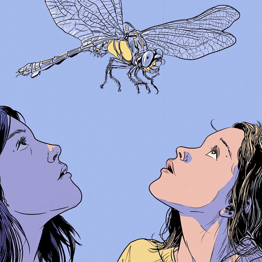 Grafische Zeichnung zweier Frauen vor fliederfarbenem Grund, über denen eine detailliert gezeichnete Libelle schwebt.