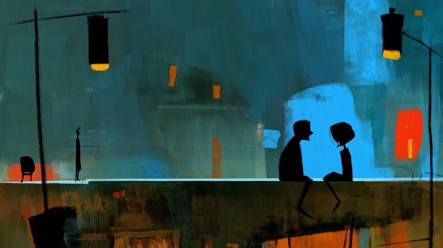 Malerische Abstraktion zweier Silhouetten in einem urbanen Raum mit kräftigen Blau- und Orangetönen im Pinselstrich-Stil.
