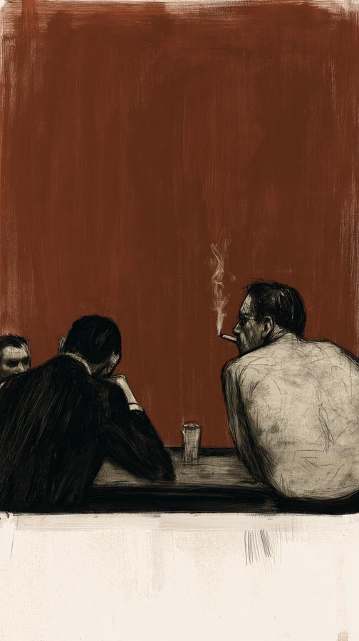 Expressive Zeichnung von zwei Männern von hinten an einer Bar vor einem dunkelroten, texturierten Hintergrund mit Zigarettenrauch.