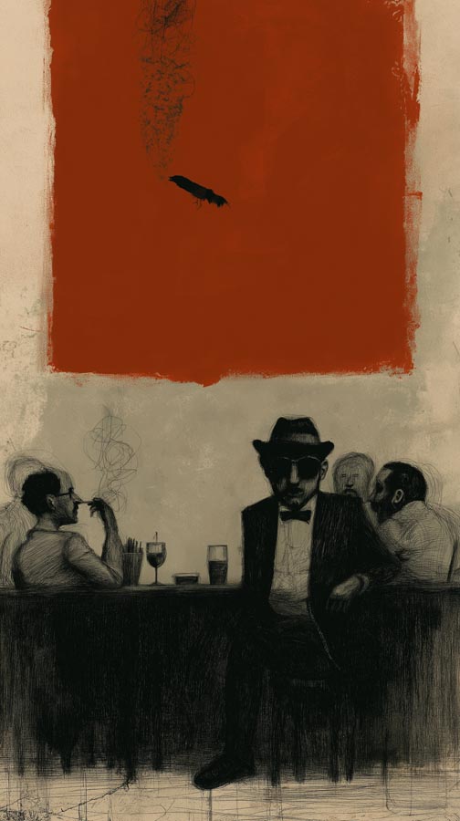 Düstere Graphitzeichnung eines Mannes mit Hut und Sonnenbrille an einer Bar; darüber ein großes, flächiges rotes Quadrat.