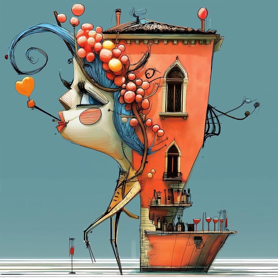 Profil eines Frauengesichts, das fließend in ein schmales, orangefarbenes Haus mit Fenstern und Bar-Regalen übergeht.