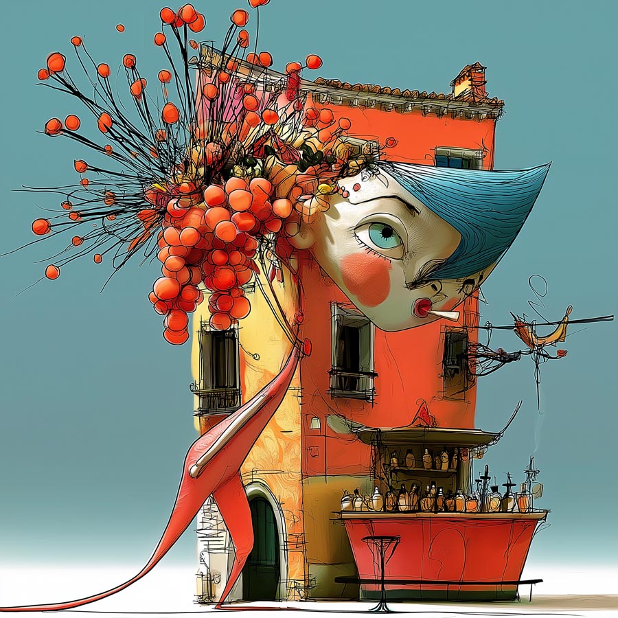 Eine stilisierte rote Figur trägt ein Haus als Oberkörper, aus dessen Dach eine riesige Krone aus roten Früchten sprießt.