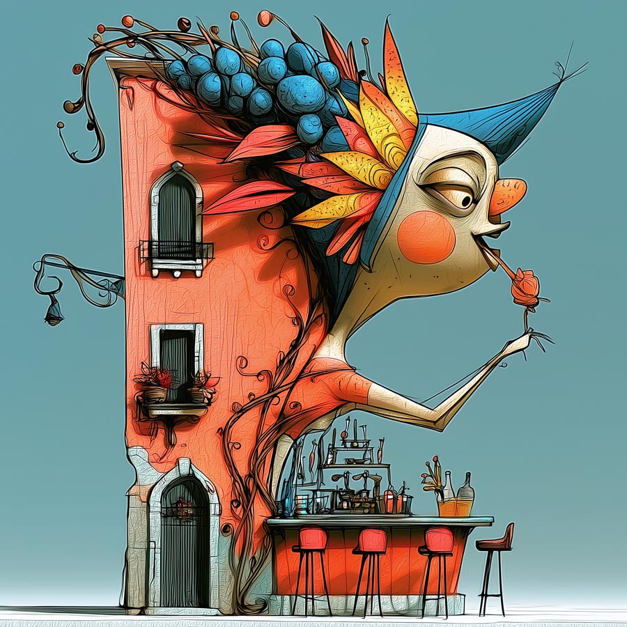 Illustration einer Frau, deren Körper ein Hausfassade ist; sie trägt eine prächtige Krone aus blauen Beeren und bunten Blättern.