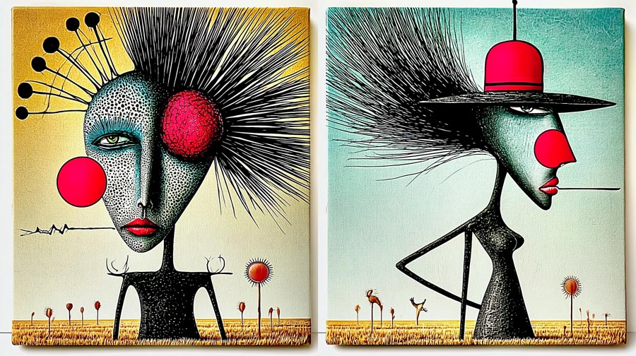 Zwei quadratische Porträts; links ein gepunktetes Gesicht mit nadelartigen Haaren, rechts eine Figur mit markantem roten Hut.