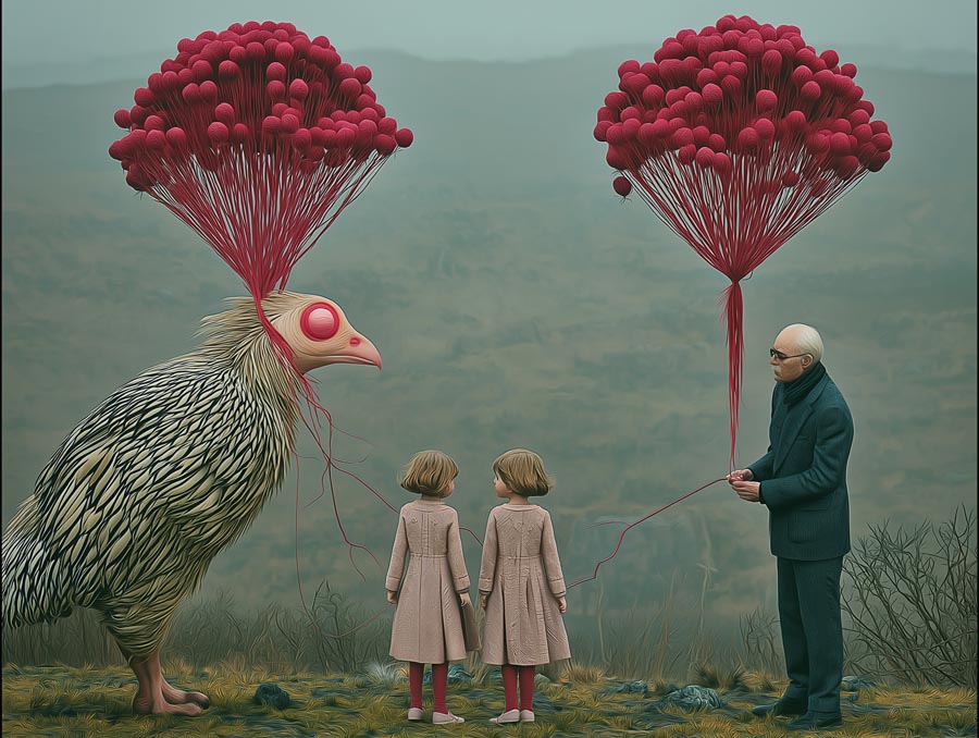 Ein großer Vogel, zwei Kinder und ein älterer Mann stehen in einer nebligen Landschaft, über ihnen schweben Cluster aus roten Ballons.