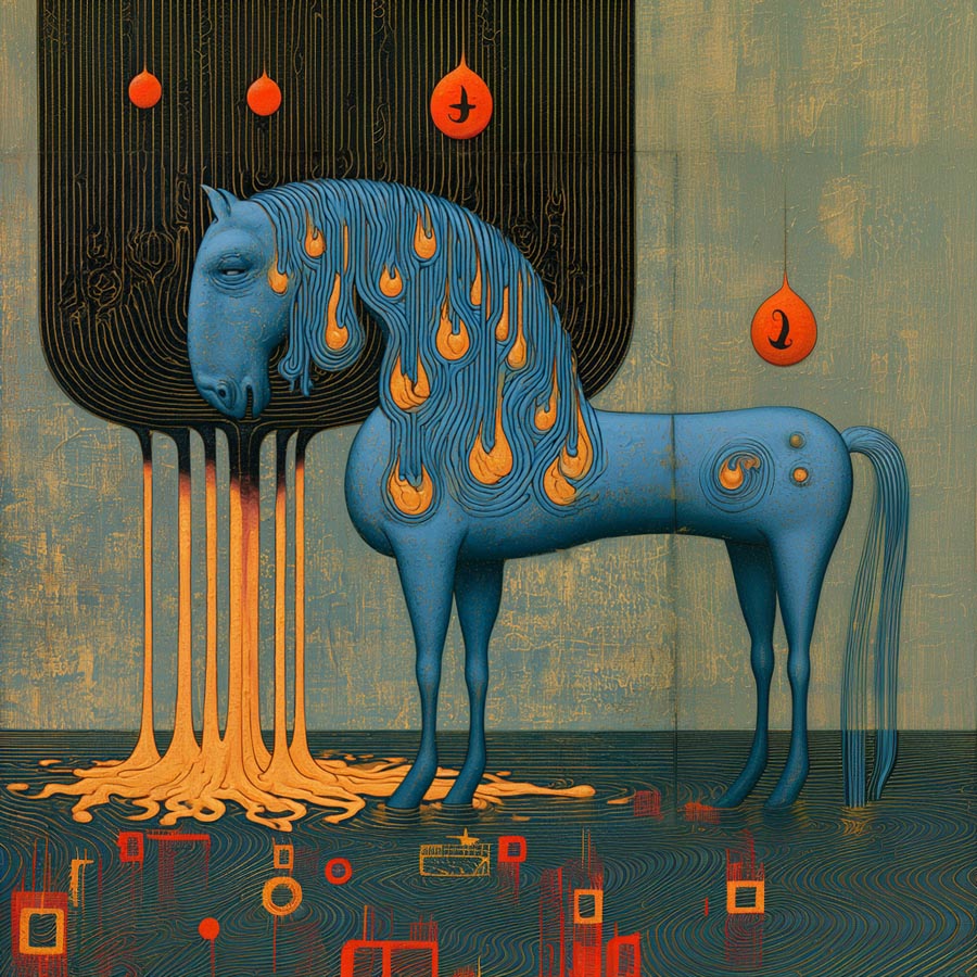 Das Pferd ist in einem satten Cerulean-/Cyanblau gehalten, es steht  ruhig und mit leicht gesenktem Kopf im Profil da. Sein Blick wirkt schwer, weise und melancholisch. In seiner Mähne sitzen leuchtend orange-gelbe Tropfen oder Flammen, die wie flüssiges Glas oder Bernstein wirken.
Auffällig ist eine feine vertikale Naht in der Mitte des Körpers – als wäre das Pferd aus zwei Keramikteilen zusammengesetzt oder ein geschnitztes Kultobjekt. Auf der Flanke trägt es ein spiralförmiges Symbol und zwei kleine Nieten/Knöpfe. Der „baumartige“ Schmelzprozess: Hinter dem Kopf des Pferdes ragt eine schwarze, vertikal geriffelte Säulenform auf (wie ein stilisierter Baum oder eine Harfe). Daraus ergießen sich dicke, leuchtend orangefarbene Ströme, die auf den Boden fließen und wurzelartige Tentakel bilden – wie geschmolzenes Wachs oder Lava.
Oben und rechts schweben rote Tropfen an unsichtbaren oder hauchdünnen Fäden.
Der obere rechte Tropfen trägt die Silhouette eines fliegenden Vogels, der rechte Tropfen ein abstraktes Symbol (oder eine Zahl/Initiale).
Das Pferd steht im flachen Wasser, das von feinen Resonanzwellen durchzogen ist.
Am unteren Rand schwimmen oder leuchten geheimnisvolle rote und orangefarbene Piktogramme – sie erinnern an Stadtgrundrisse, elektronische Schaltkreise oder archaische Runen.