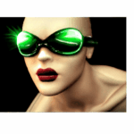Kahle Schaufensterpuppe mit leuchtend grüner Retro-Sonnenbrille und dunkelroten Lippen | Bald mannequin wearing glowing green retro goggles and dark red lips on black background