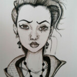 Tuschezeichnung: Frau mit markanten Augenbrauen, dunklen Lippen und Perlenkette | Ink drawing: woman with bold eyebrows, dark lips and pearl necklace