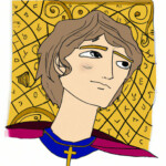 Romanisches Porträt: junger Mann mit Goldstirn, Kreuz, goldenes Rautenmuster | Romanesque portrait: young man with gold headband, cross, golden diamond pattern