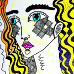Symbolistische Zeichnung: Frauengesicht mit türkisen Augen, Pflaster, pinken Lippen, buntem Haar | Symbolist drawing: woman's face with turquoise eyes, bandage, pink lips, colorful wavy hair