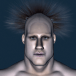 Digitales 3D-Porträt eines Mannes mit elektrisiert abstehenden Haaren, blauem Hintergrund | Digital 3D portrait of a man with electrically spiked hair against a blue background
