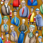 Illustration vieler skurriler Männerfiguren in bunten Anzügen auf Holzmaserung | Illustration of quirky male figures in colorful suits on wood grain background