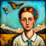 Surreales Gemälde: Frau mit Blume im Haar, Schmetterling, Sonnenblumen, Wolken | Surreal painting: woman with flower in hair, butterfly, sunflowers, clouds