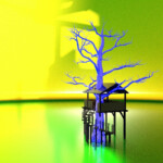 Blauer kahler Baum mit dunklem Baumhaus auf Stelzen, gelb-grüner Hintergrund | Blue bare tree with dark treehouse on stilts, yellow-green background