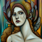 Stilisiertes Frauenporträt mit blauen Augen, Blättern im Haar, Art-Nouveau-Stil | Stylized woman portrait with blue eyes, leaves in hair, Art Nouveau style