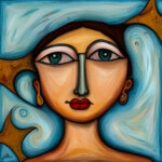 Stilisiertes Frauenporträt mit grünen Augen, roten Lippen, blauem Hintergrund | Stylized woman's portrait with green eyes, red lips, blue swirling background
