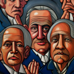 Stilisiertes Gruppenporträt älterer Männer mit grauen Haaren im Muralismo-Stil | Stylized group portrait of elderly men with gray hair in muralism style