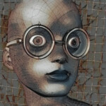 Surrealer Puppenkopf mit runden Metallbrillen, rissiger Oberfläche, Gitternetz-Hintergrund | Surreal doll head with round metal glasses, cracked surface texture, wire grid background