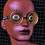 Surrealer Roboterkopf mit rissiger roter Haut und goldener Rundbrille, hervorquellende Augen | Surreal robot head with cracked red skin and gold round glasses, bulging eyes on dark grid