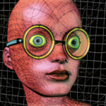 Surrealer roter Kopf mit gerissener Haut und runden Brillengläsern mit hervorstehenden Augen | Surreal red cracked-skin head wearing round glasses with bulging yellow-green eyes on grid background