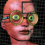 Surreales rotes Gesicht mit rissiger Haut, gelb-grüner Brille und schwebenden Rahmen | Surreal red cracked-skin face with yellow-green goggle glasses and floating frames on grid background