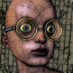 Surrealer kahler Kopf mit runden Metallbrillen und gelbgrünen Augen, rissige Haut | Surreal bald head with round metal glasses and yellow-green eyes, cracked skin texture