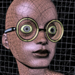 Kahler Roboterkopf mit rissiger Haut und übergroßen goldenen Rundgläsern, schwarzer Hintergrund | Bald robot head with cracked skin and oversized golden round glasses, black background