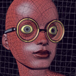 Surrealer roter Roboterkopf mit riesigen goldenen Brillengläsern und glotzenden Augen | Surreal red robot head with oversized golden glasses and bulging eyes