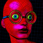 Digitales Portrait: Kahler Kopf in Neonrot mit runden Brillen und leuchtend grünen Augen | Digital portrait: bald head in neon red with round glasses and glowing green eyes