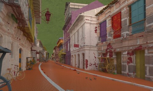 3D-Render einer kolonialen Gasse mit bunten Fassaden, Karren und Fahrrad | 3D render of colonial alley with colorful facades, cart and bicycle