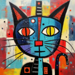 Abstrakte Katze in Blau mit orangenem und gelbem Auge, expressiver Pop-Art-Stil | Abstract blue cat with orange and yellow eye, expressive pop-art style painting