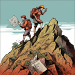 Zwei Wanderer mit Rucksäcken auf Felsgipfel, einer hält Karte, andere Smartphone | Two hikers with backpacks on rocky peak, one holding map, other checking smartphone