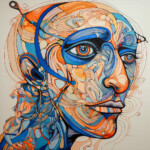 Abstraktes Gesichtsportrait in Blau und Orange mit verwirbelten Linien | Abstract face portrait in blue and orange with swirling intricate lines