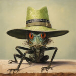 Fantastisches Insekt mit roten Augen trägt grünen Strohhut, Ölgemälde | Fantastical insect with red eyes wearing a green straw hat, oil painting