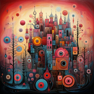 Surrealistische Stadtlandschaft mit Türmen, konzentrischen Kreisen und kahlen Bäumen in Rosa-Blau | Surreal cityscape with towers, concentric circles and bare trees in pink and blue tones