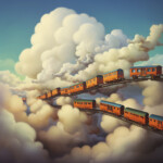 Surreale Illustration: Zwei orangefarbene Züge fahren auf Schienen durch Wolken | Surreal illustration: Two orange trains traveling on tracks through clouds