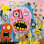 Grelles Neo-Expressionismus-Gemälde mit schreienden Monstern, gelben Zähnen und Farbspritzern | Garish neo-expressionist painting with screaming monsters, yellow teeth and paint splatters