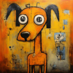 Abstrakter orangefarbener Hund mit großen Augen, schwarzen Ohren, gelbem Hintergrund | Abstract orange dog with big eyes, black ears, yellow background, naive art style